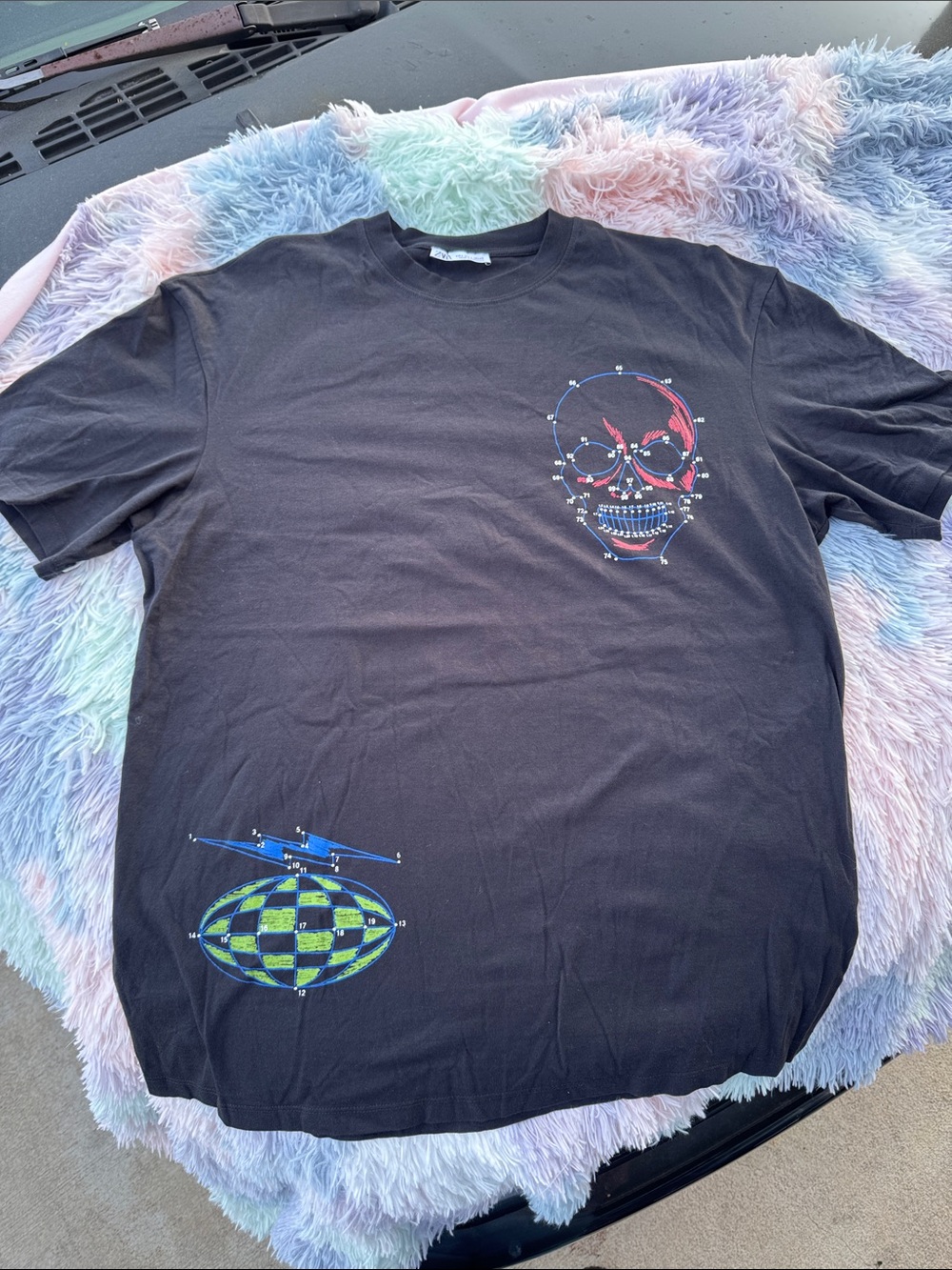 Zara Black Short-Sleeve Tee with Colorful Skull & Checker Graphic